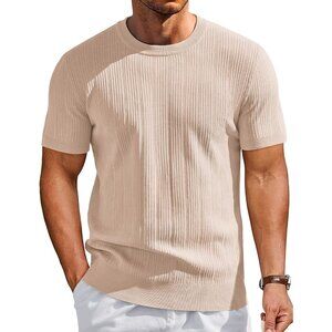 Men's Beige Short Sleeve Knit Casual Crewneck Ribbed Dress Tee T-shirts
